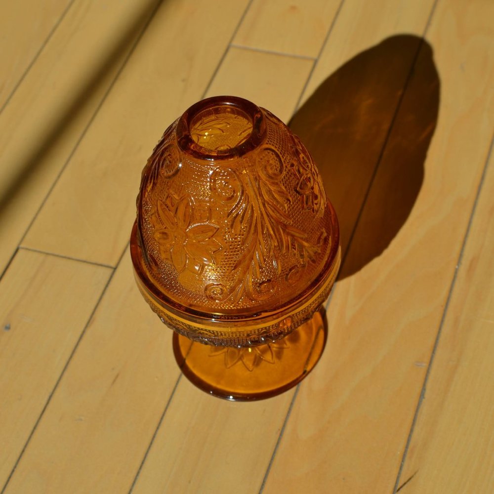 Indiana Glass Tiara Exclusives Fairy Lamp, Amber Sandwich Pattern | Boho retro